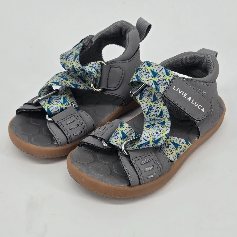 Livie And Luca Ziggy Gray Geometric Straps Toddler Sandals Comfort Size 6 EUC
